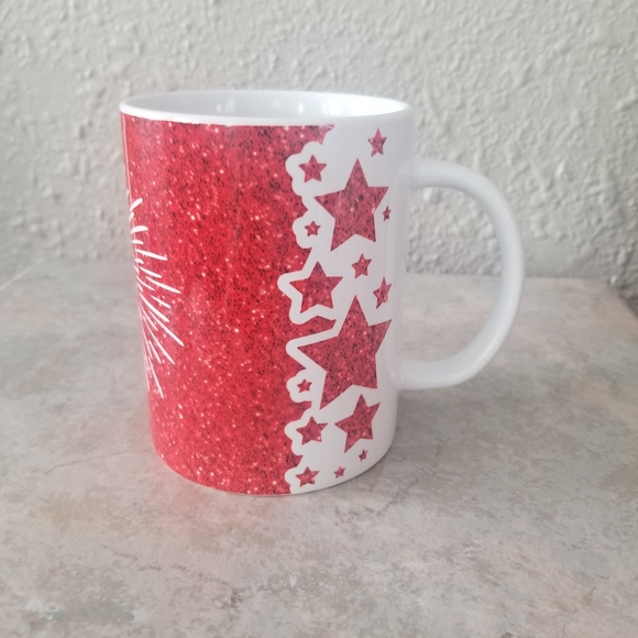 New custom made 15 oz. Mug white with red stars and firework design - Picture 2 of 3